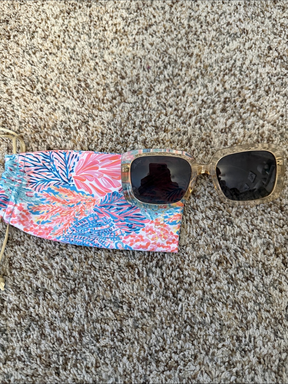 Clear Frame Sunglasses with Dark Lenses - Pink/Blue Floral Pouch